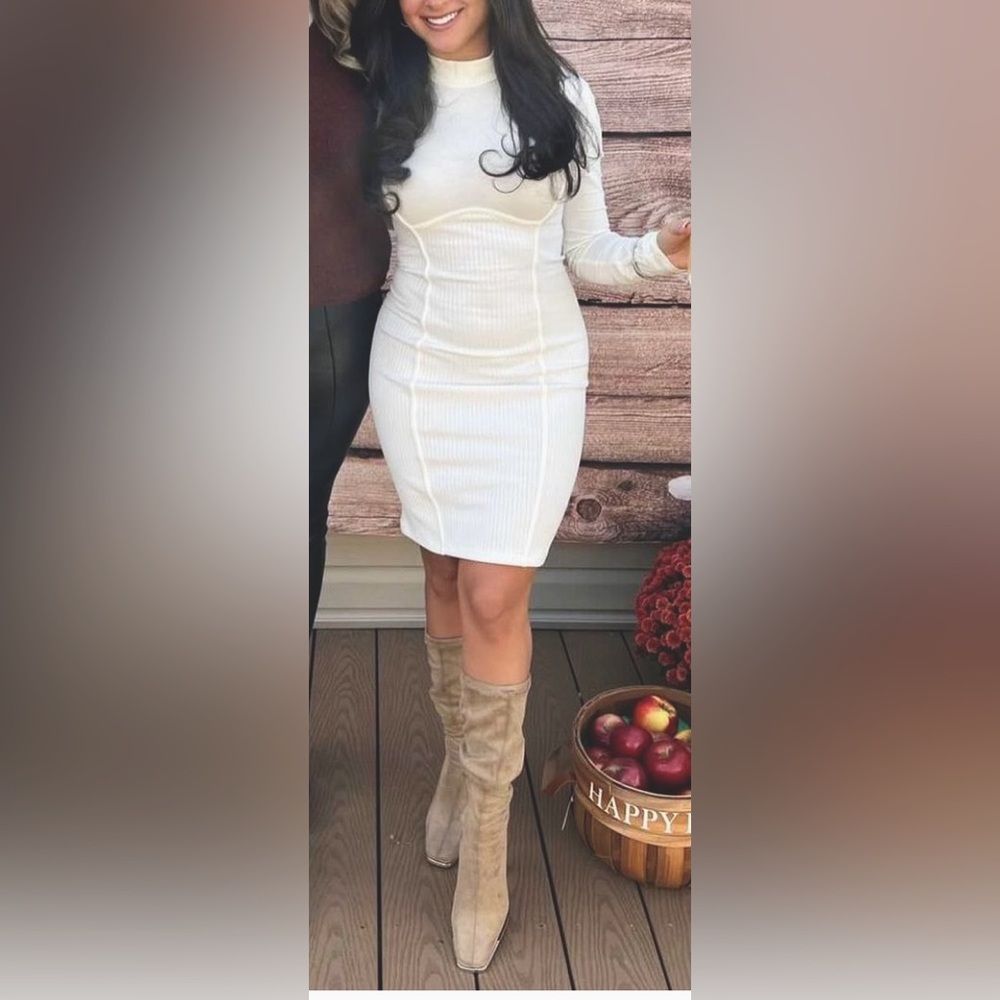 Guess Dress- White Turtleneck Cut Out Ribbed Dress - Picture 2 of 2